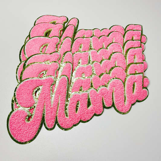 11" MAMA- Chenille Patch Bright Pink & Gold