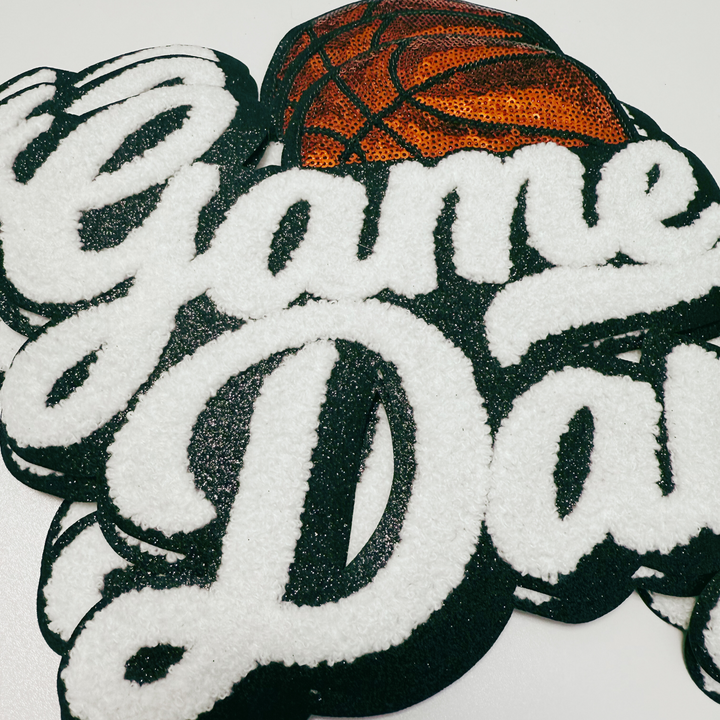 11” GAME DAY Basketball - Chenille +sequin Patch in White &amp; Black