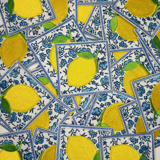 2.5" Lemon w blue Floral - Embroidered Hat Patch