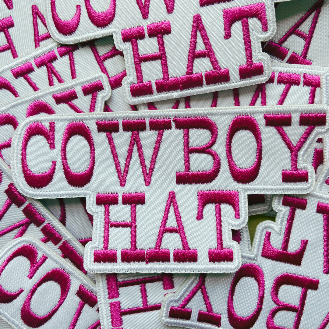 4” COWBOY HAT in White &amp; Pink -  Embroidered Hat Patch