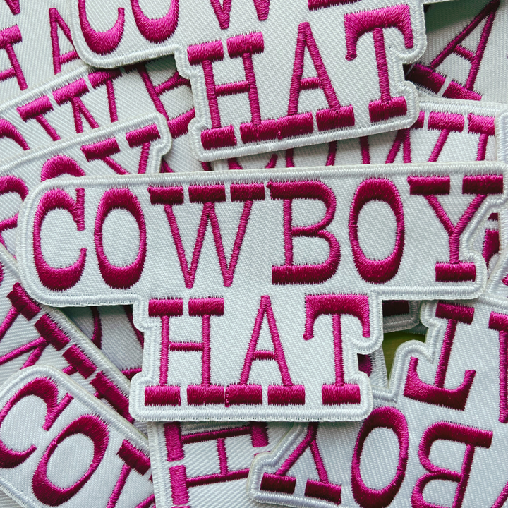 4” COWBOY HAT in White &amp; Pink -  Embroidered Hat Patch
