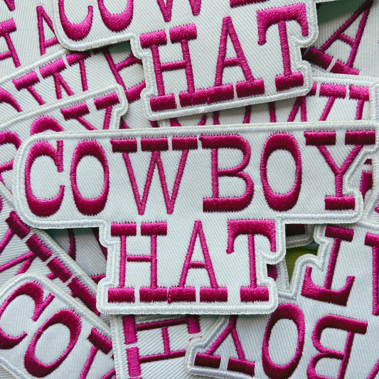 4” COWBOY HAT in White & Pink - Embroidered Hat Patch
