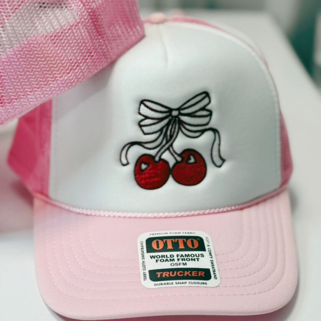 Cherry Embroidered Trucker Hat - Premade Hat