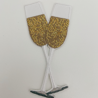 3" Champagne flutes - Metallic gold -  Embroidered Hat Patch