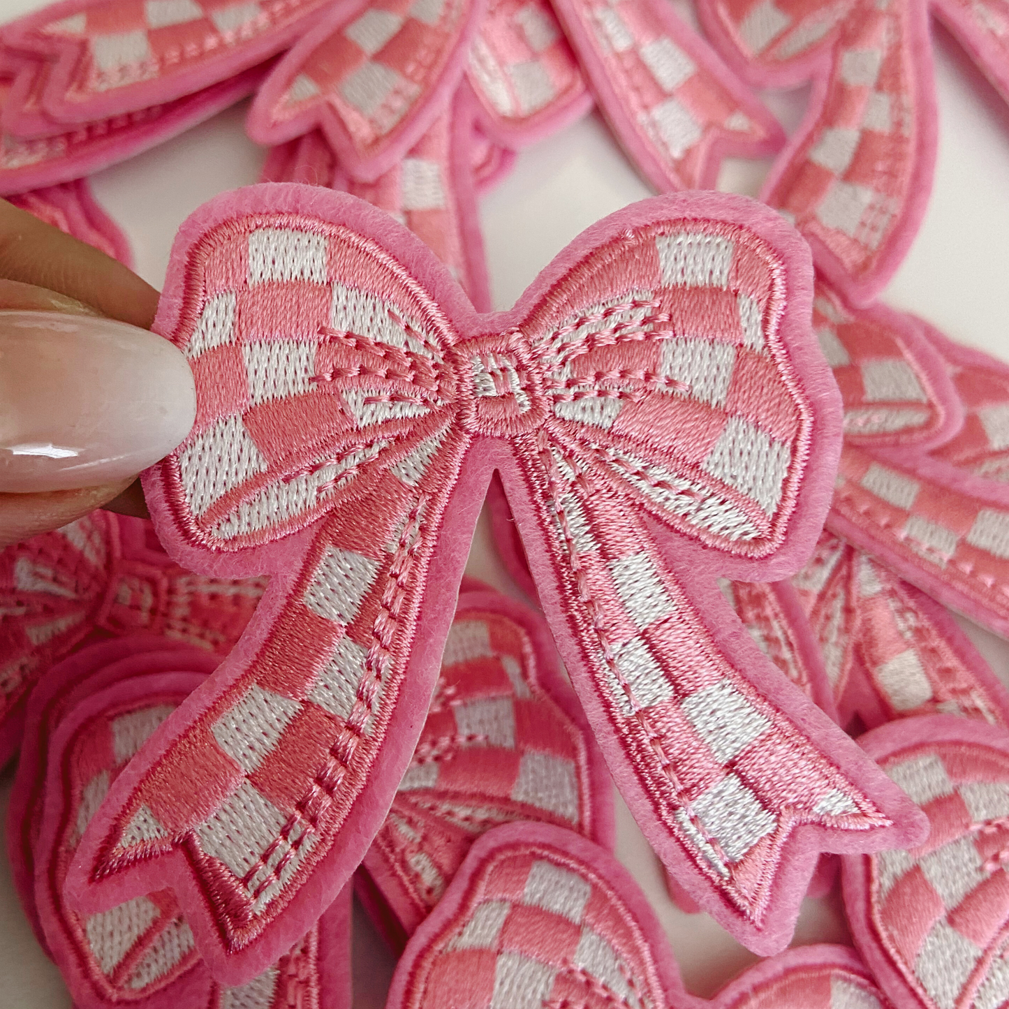 2" Checkered PINK Bow -  Embroidered Hat Patch