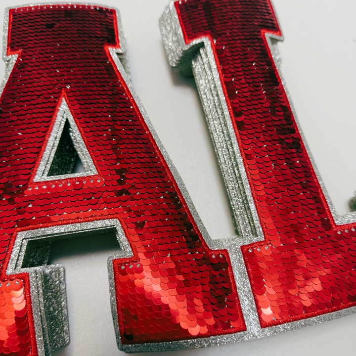 10.75" AL - ALABAMA in Red &amp; Silver - Sequin Patch