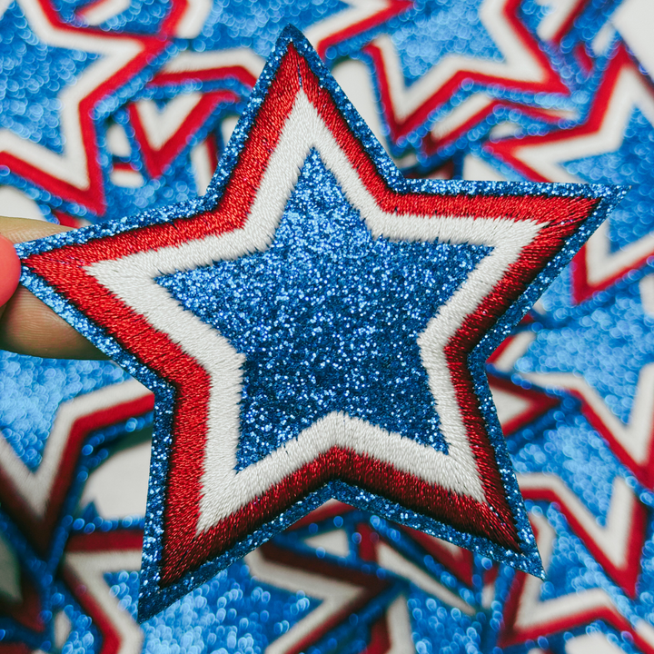 3" Red White &amp; Blue STAR - Glitter Embroidered Hat Patch