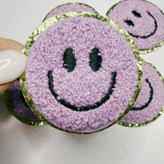 2in Smiley Face chenille hat patch - in Purple