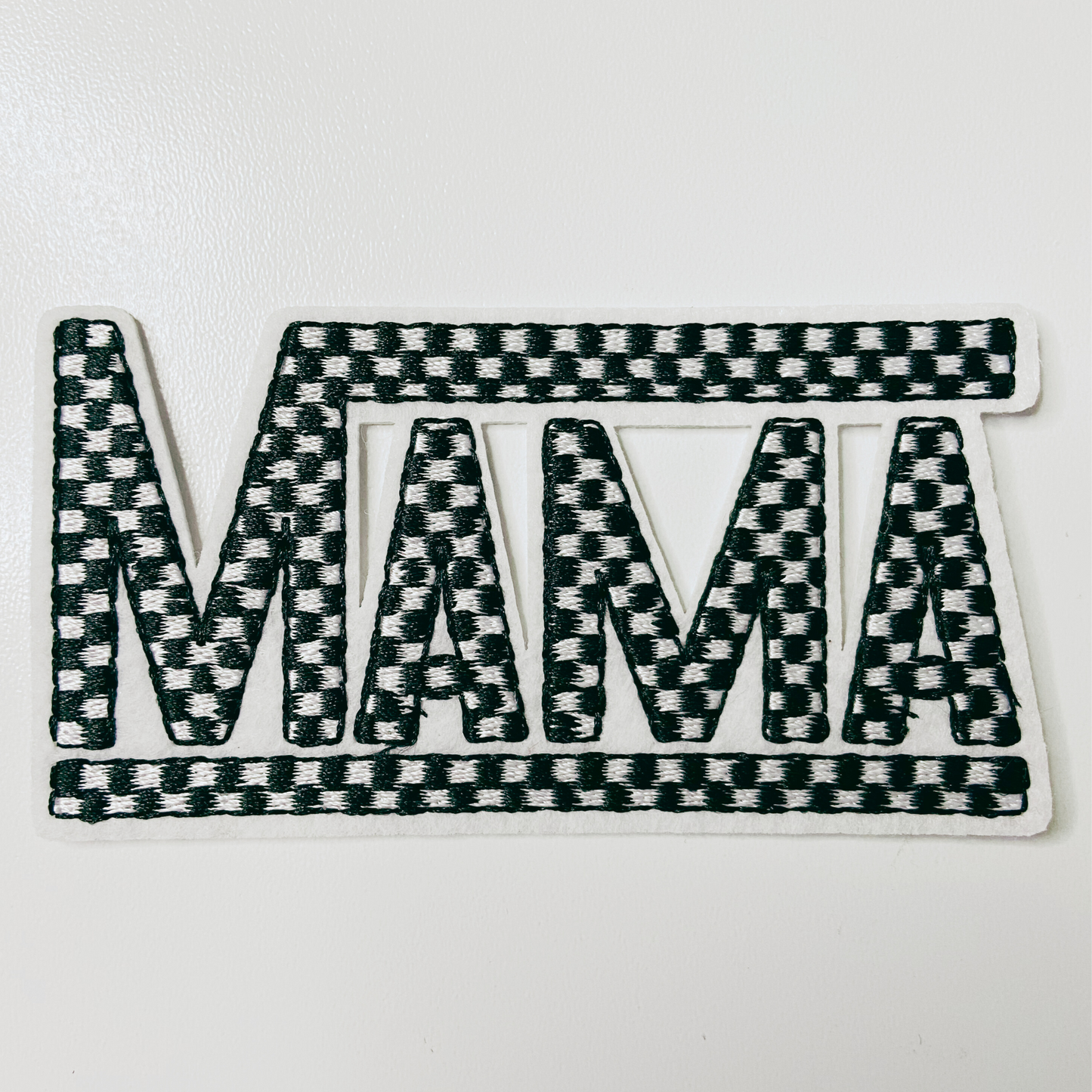 4" x 2"  Checkered Mama in Black & White  -  Embroidered Hat Patch