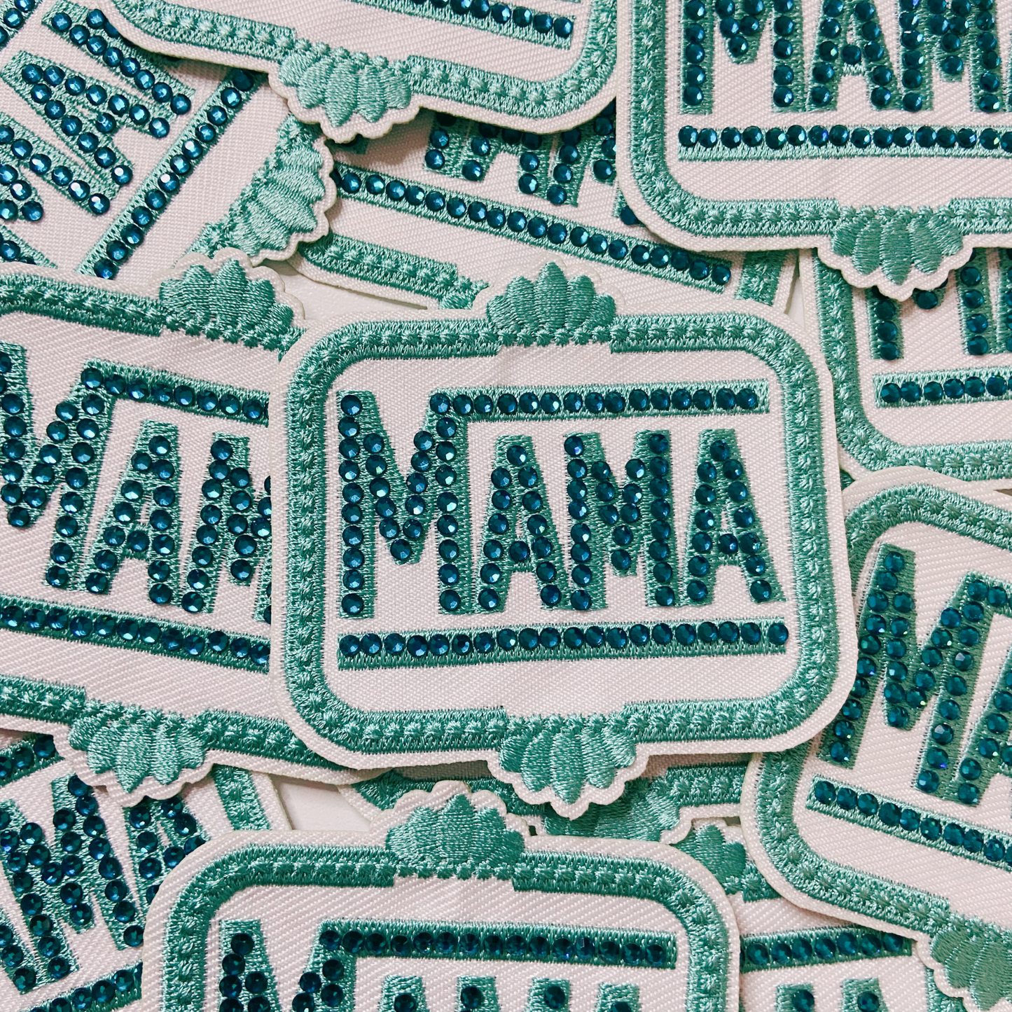 3" Teal MAMA with Rhinestones  -  Embroidered Hat Patch