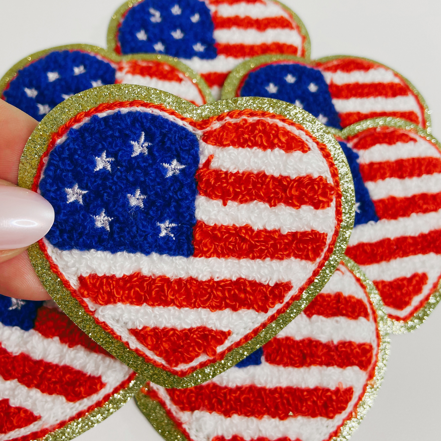 3" x 2.75" Heart shaped Flag chenille hat patch - in Red, White & Blue
