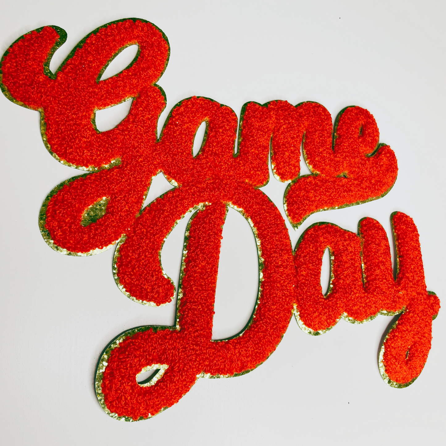11” GAME DAY script in Red w Gold - Chenille Patch