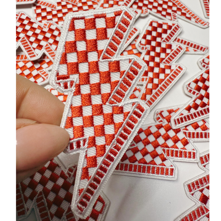 3” Checkered Lightning - Red &amp; white  - Embroidered Hat Patch
