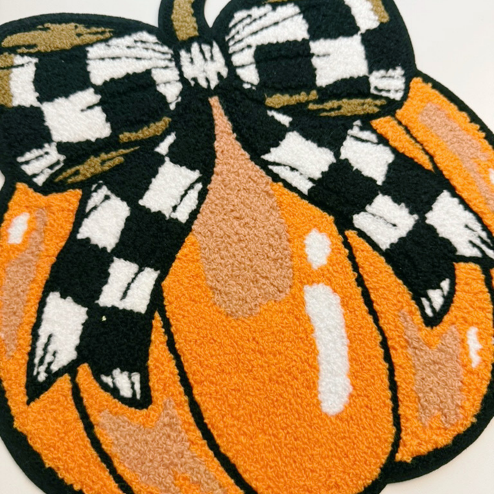 Pumpkin with Checkered Bow - 9.5" x 10.25" - Chenille Patch