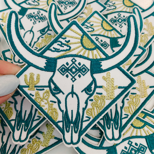 3.5" Skull with Gold Metallic Cactus - Embroidered Hat Patch