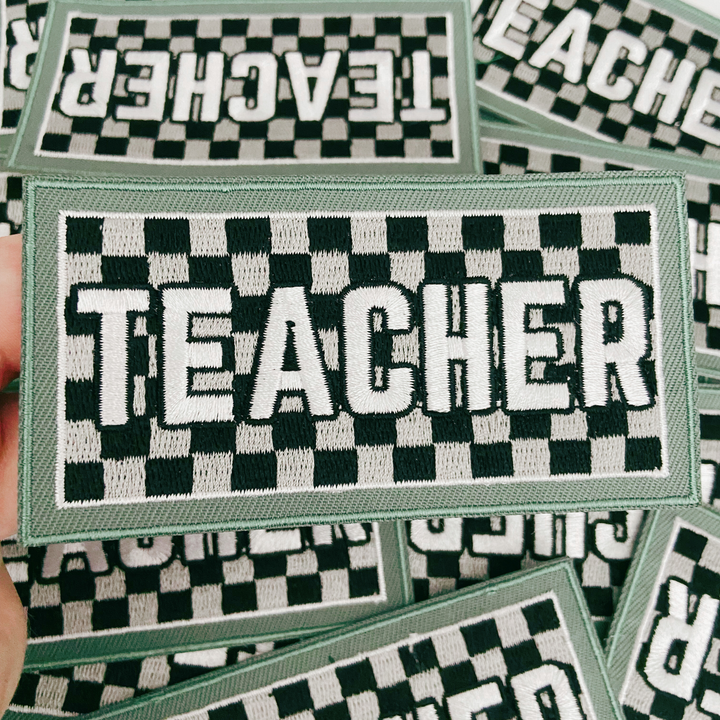 4" UNISEX TEACHER   Gray &amp; Black Checkered -  Embroidered Hat Patch