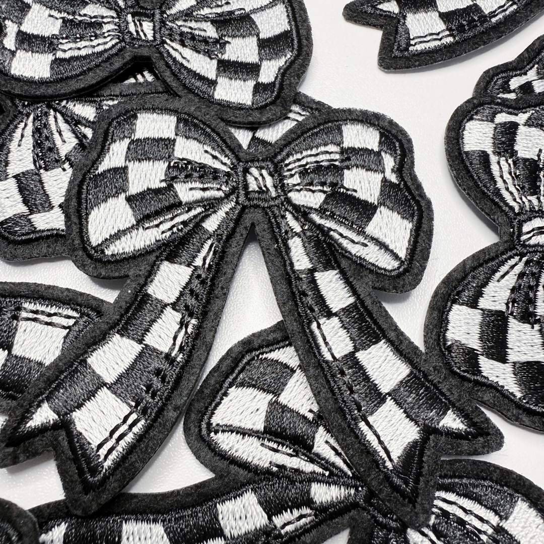 2" Checkered Black &amp; White  Bow -  Embroidered Hat Patch