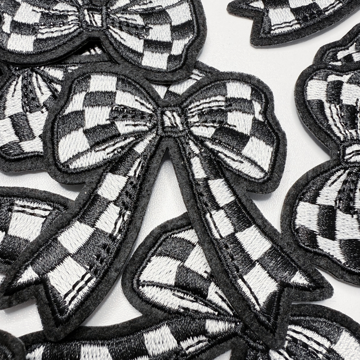 2" Checkered Black &amp; White  Bow -  Embroidered Hat Patch