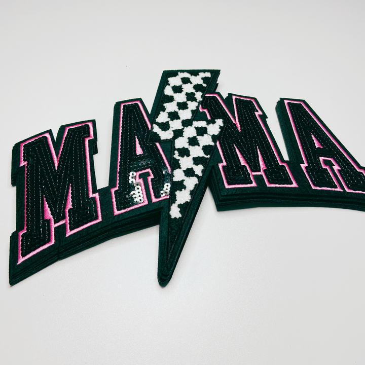 10.75” x 7" Mama w/ checkered Lightning - Sequin &amp; Chenille Patch