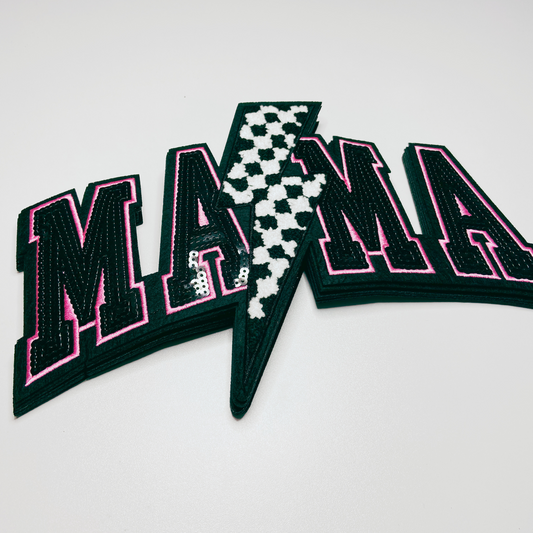 10.75” x 7" Mama w/ checkered Lightning - Sequin & Chenille Patch