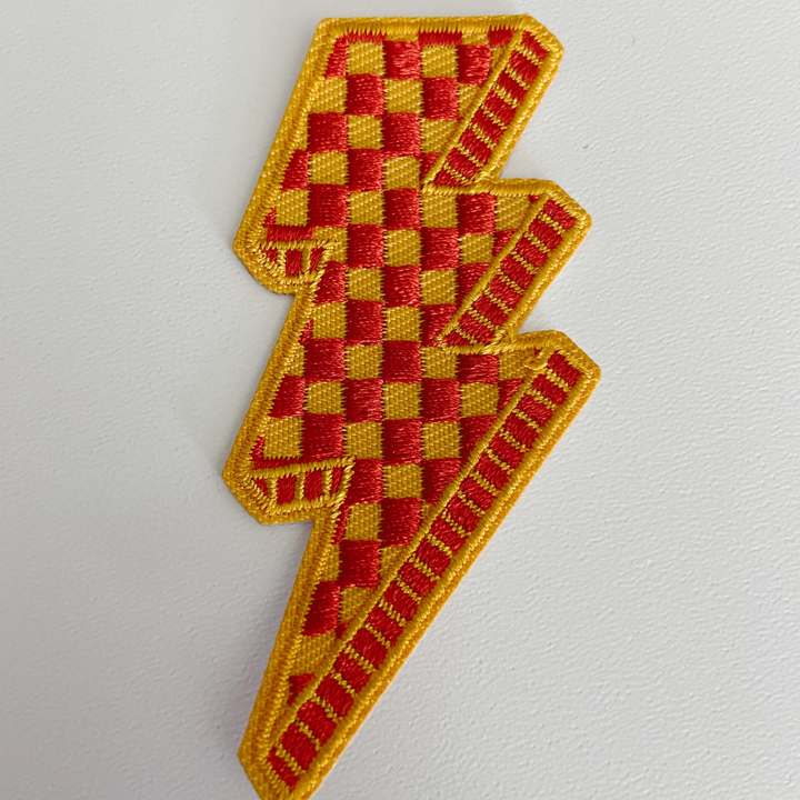 3” Checkered Lightning Red &amp; Yellow -  Embroidered Hat Patch
