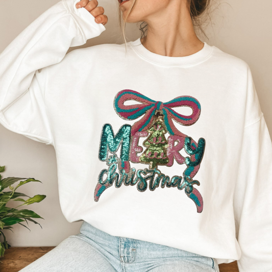 10.5" Merry Christmas With Bow - Chenille & SEQUIN Patch