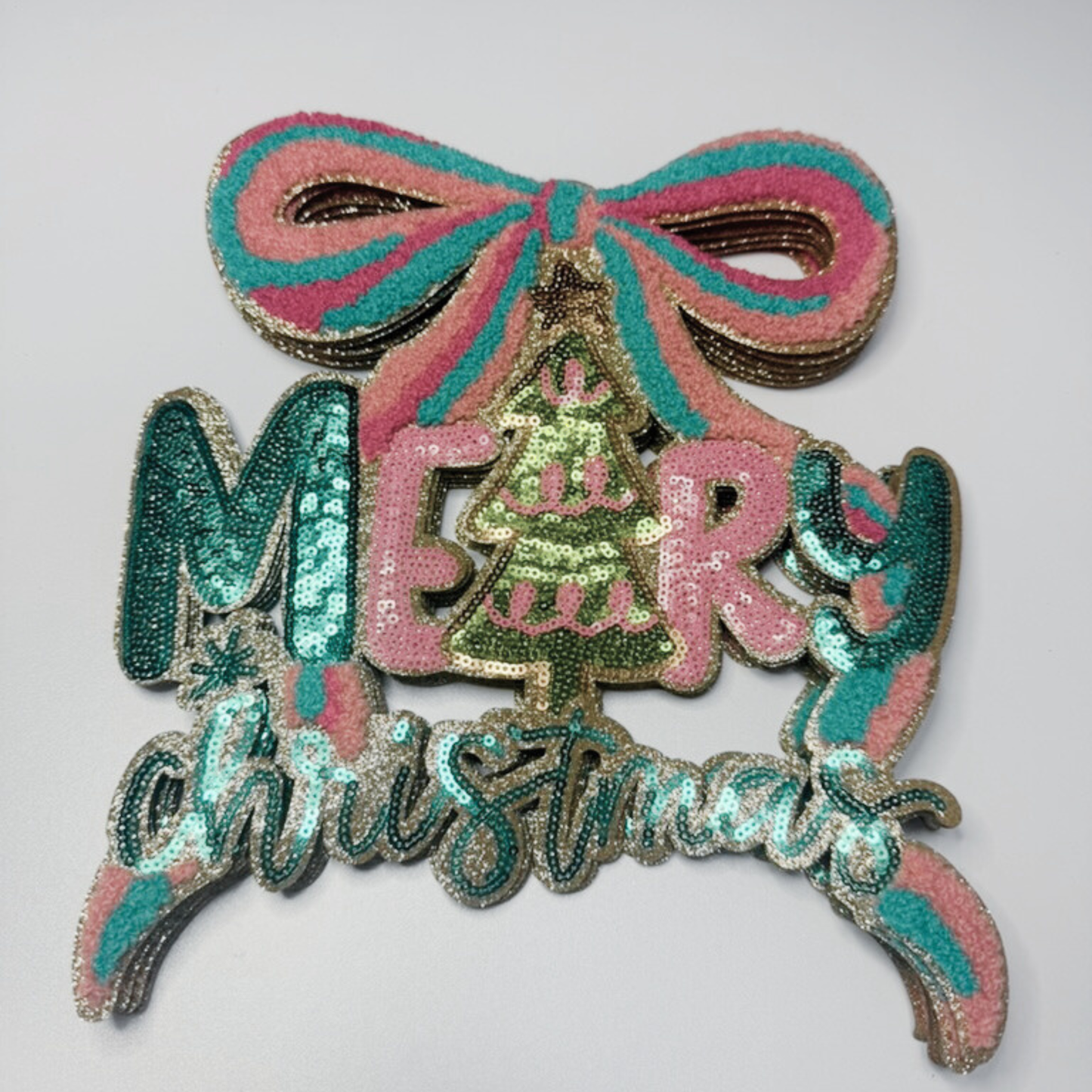 10.5"  Merry Christmas With Bow - Chenille & SEQUIN Patch
