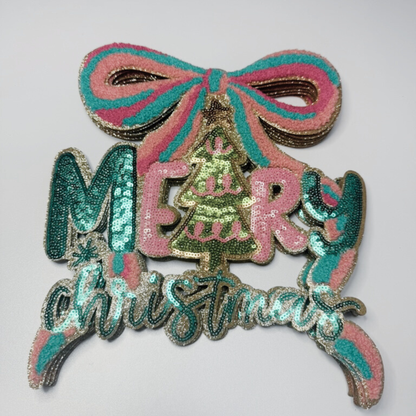 10.5"  Merry Christmas With Bow - Chenille & SEQUIN Patch