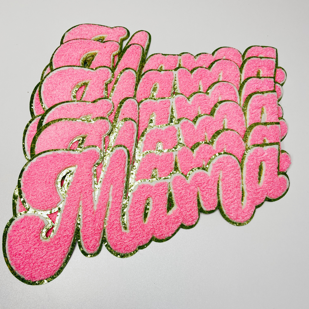 11" MAMA- Chenille Patch Bright Pink &amp; Gold