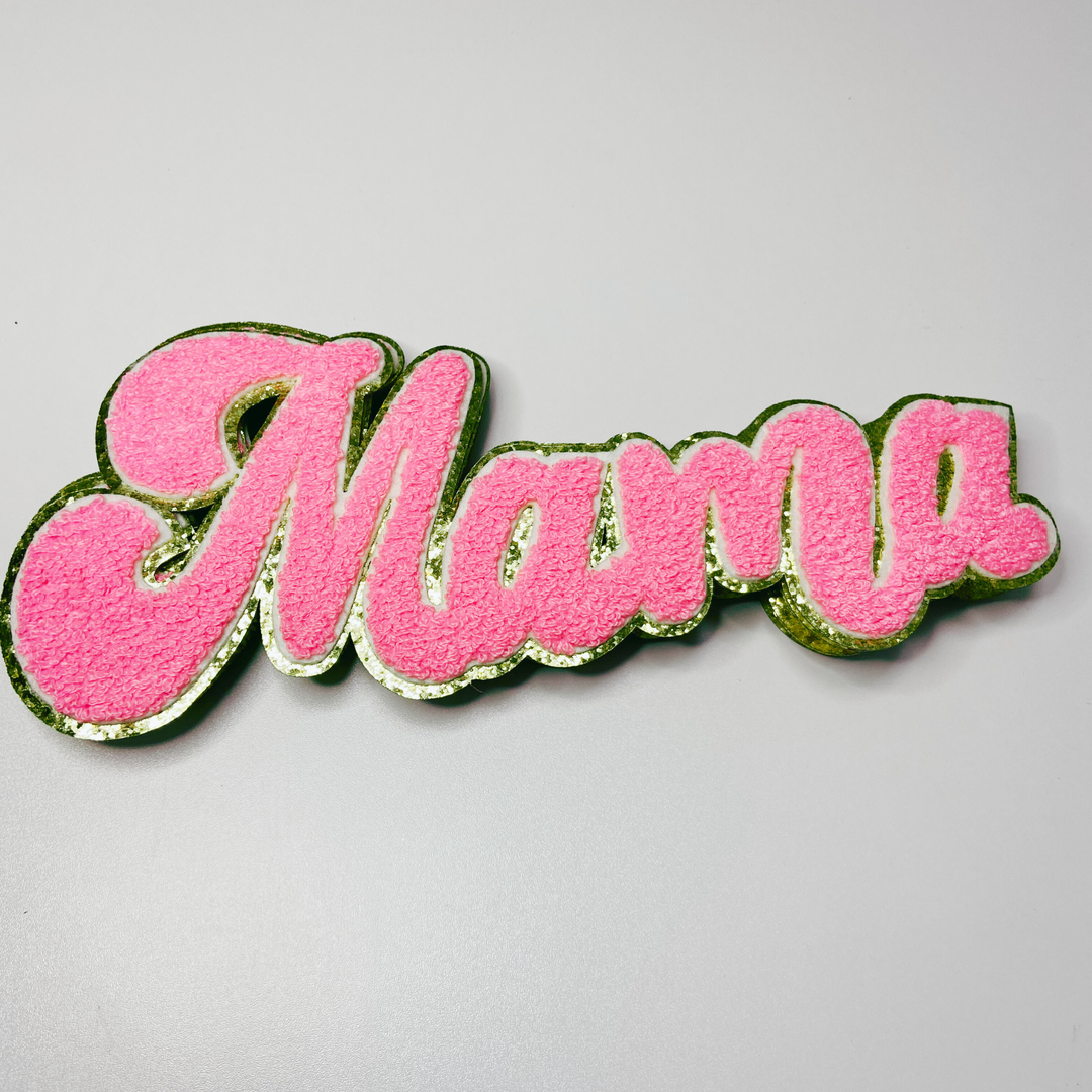 11" MAMA- Chenille Patch Bright Pink &amp; Gold