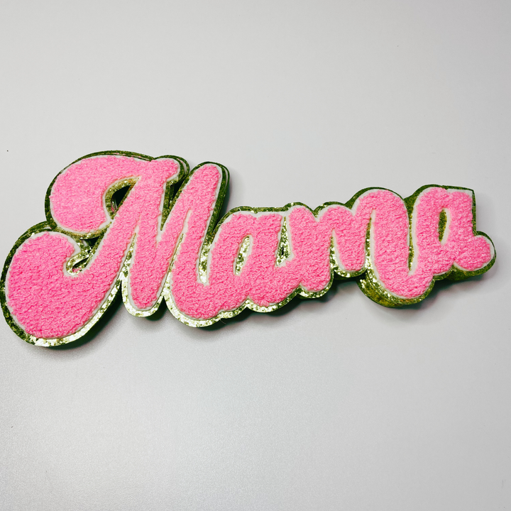 11" MAMA- Chenille Patch Bright Pink &amp; Gold