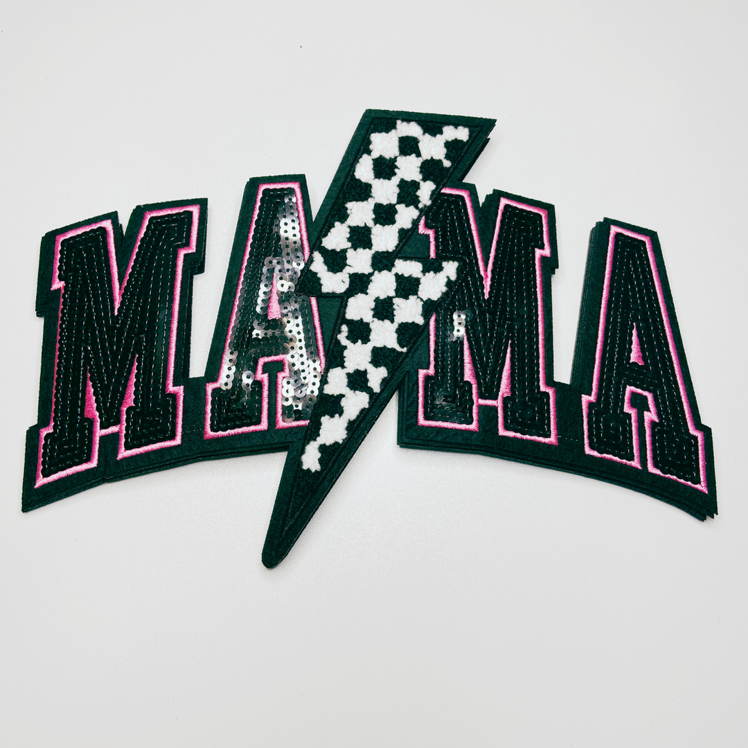 10.75” x 7" Mama w/ checkered Lightning - Sequin &amp; Chenille Patch