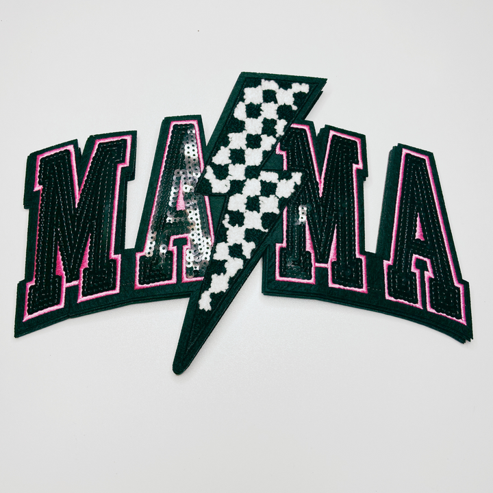 10.75” x 7" Mama w/ checkered Lightning - Sequin &amp; Chenille Patch