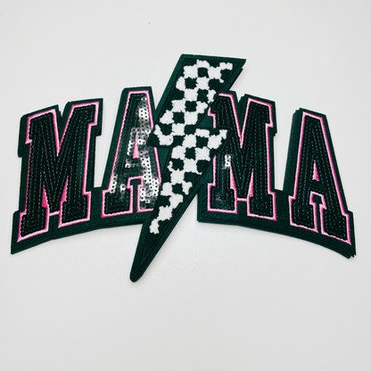 10.75” x 7" Mama w/ checkered Lightning - Sequin & Chenille Patch