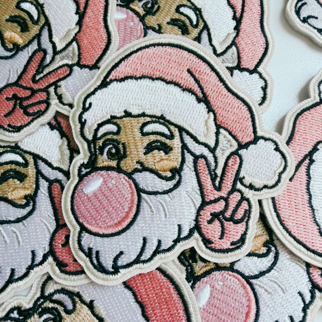 2.5" Pink Santa w Bubblegum -  Embroidered Hat Patch