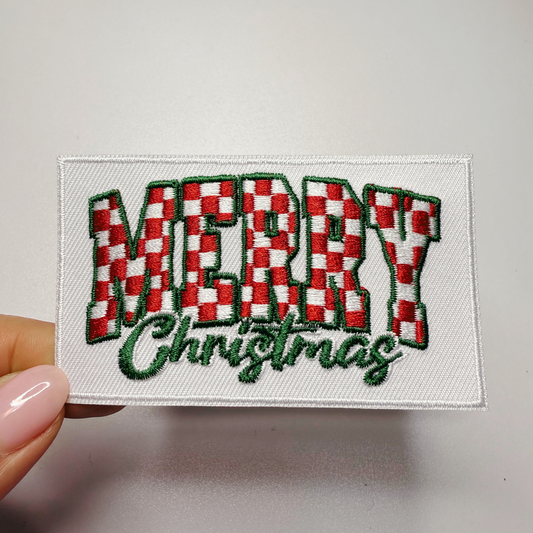 3.5" Merry Christmas (checkered)-  Embroidered Hat Patch