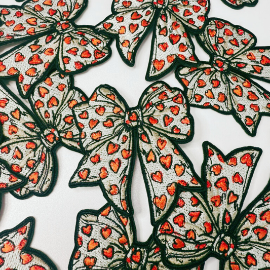 2.5" Bow with Red Hearts - Embroidered Hat Patch