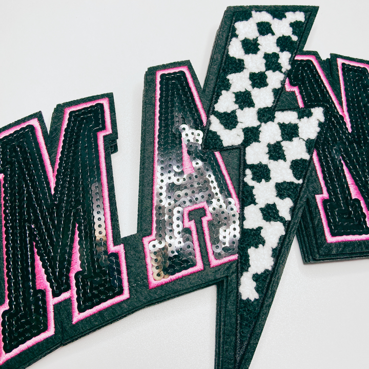 10.75” x 7" Mama w/ checkered Lightning - Sequin &amp; Chenille Patch