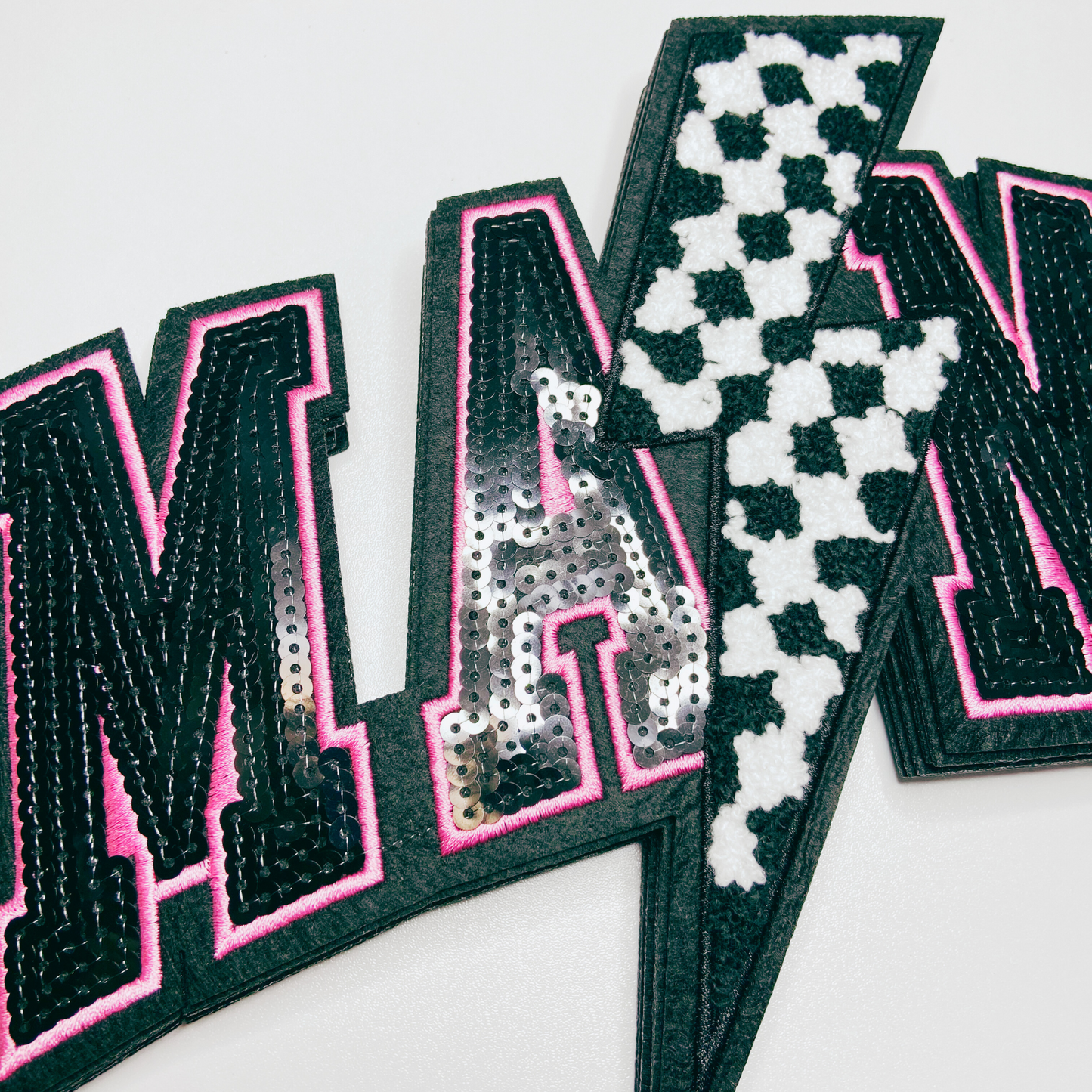 10.75” x 7" Mama w/ checkered Lightning - Sequin & Chenille Patch