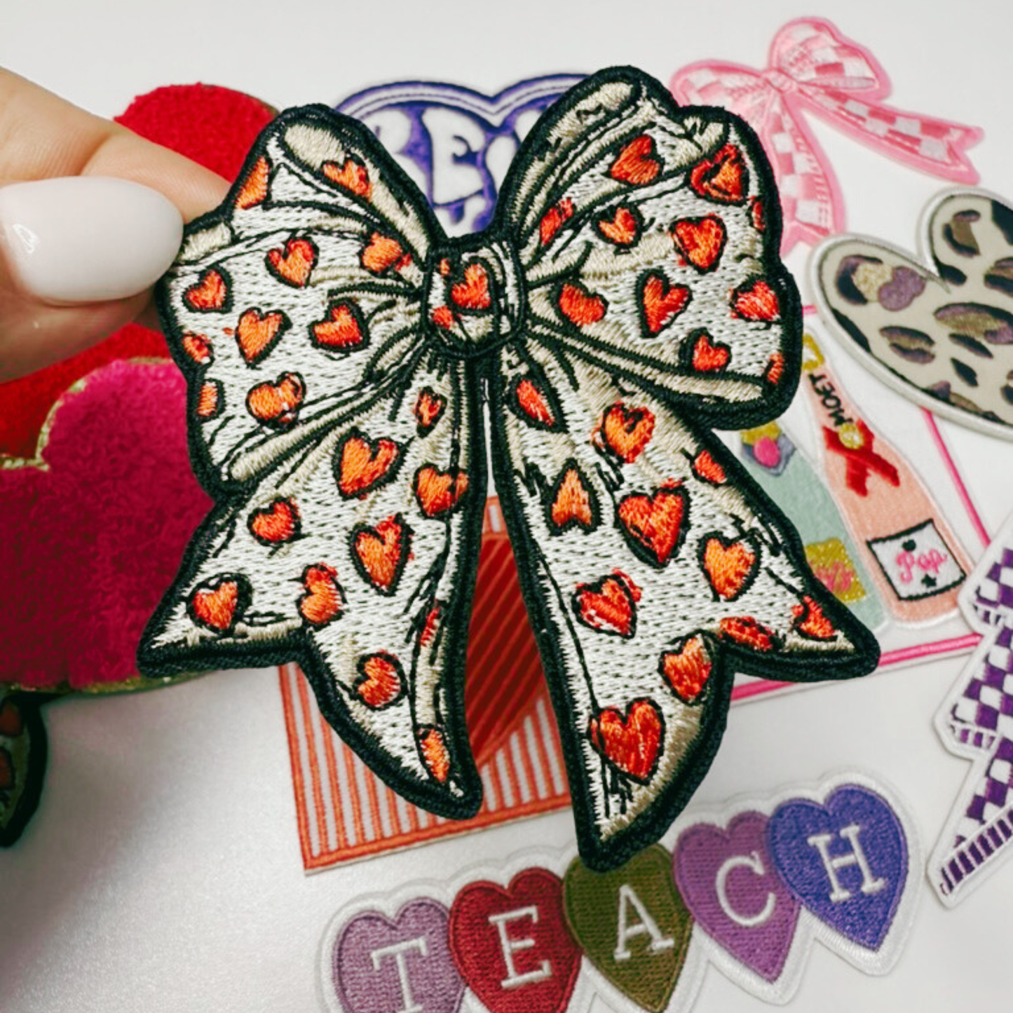 2.5" Bow with Red Hearts -  Embroidered Hat Patch