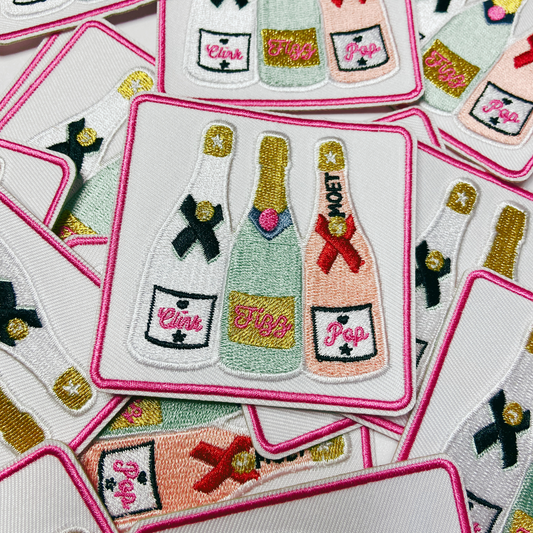 3" SQUARE - Clink, Fizz, Pop Champagne w Metallic Gold - Embroidered Hat Patch