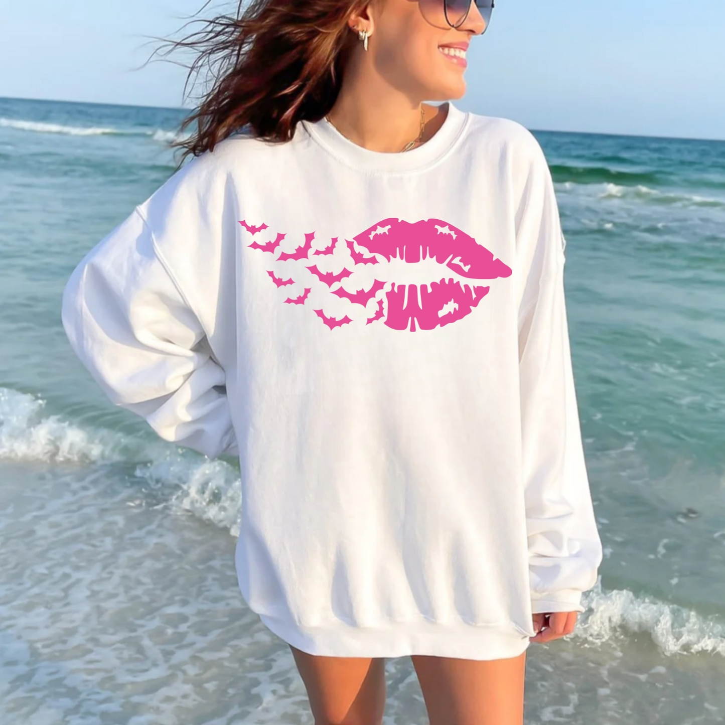 (Shirt not included) Halloween Lips w Bats in neon pink - PUFF Transfer