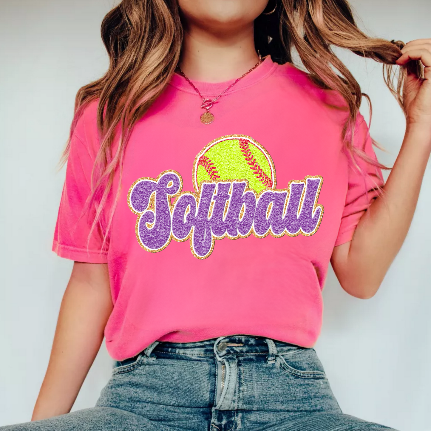 (shirt not included) Softball Faux Chenille - Clear Film Transfer