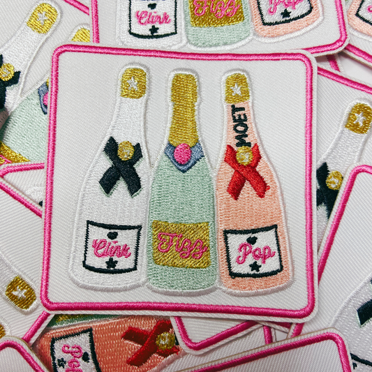 3" SQUARE - Clink, Fizz, Pop Champagne w Metallic Gold - Embroidered Hat Patch