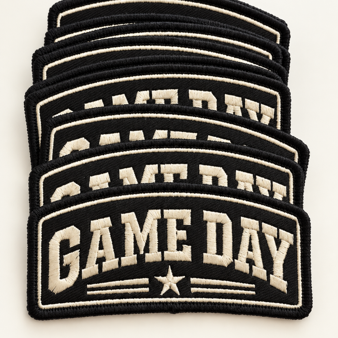 Game Day with Star in Black embroidered hat patch, view 3