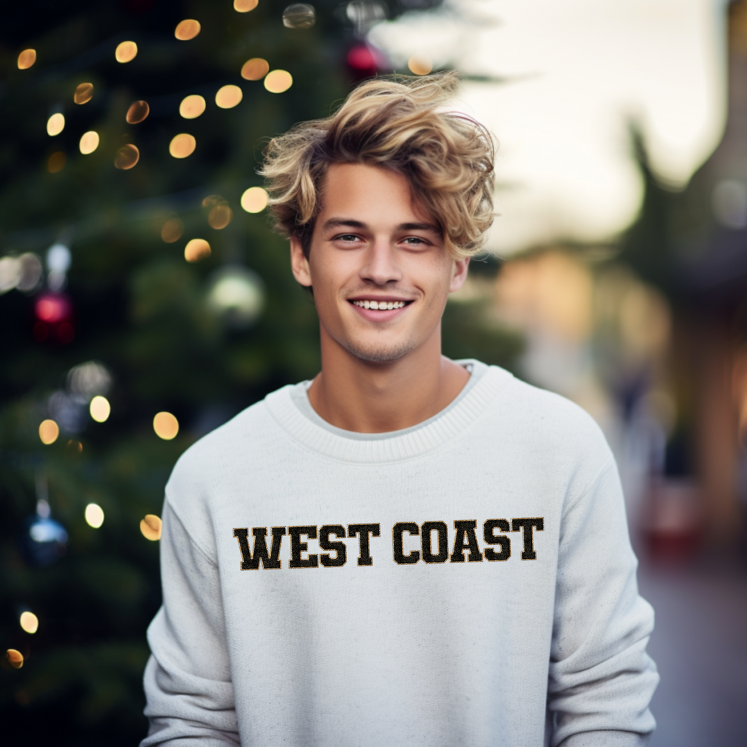 (shirt not included) Faux Chenille WEST COAST in black &amp; Gold - Clear Film Transfer