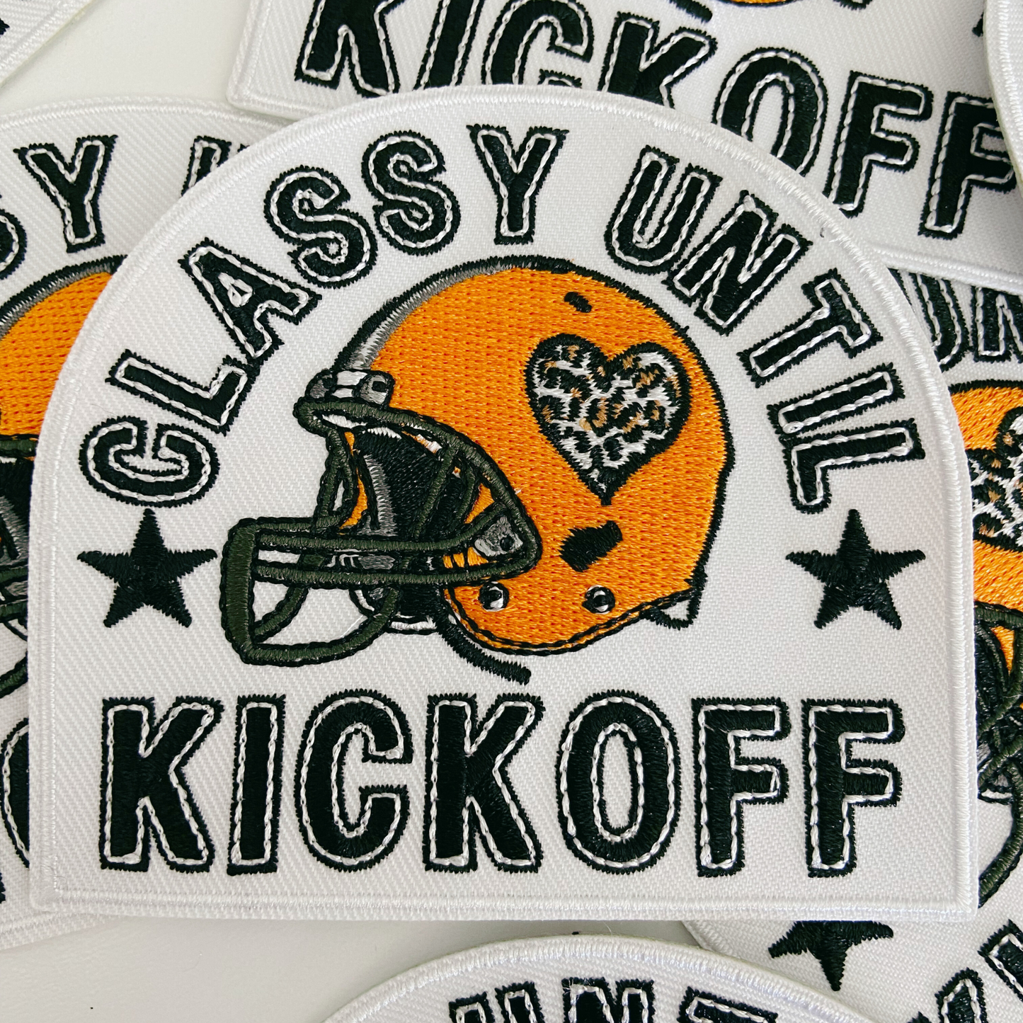 3.5" Classy Until Kickoff ORANGE -  Embroidered Hat Patch (3.5"w X 3.25"h)