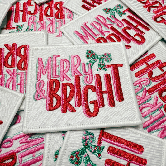3" Merry & Bright w Bow - Embroidered Hat Patch
