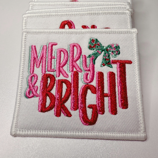 3" Merry & Bright w Bow - Embroidered Hat Patch