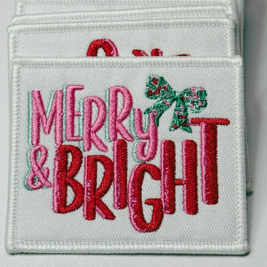 3" Merry &amp; Bright w Bow -  Embroidered Hat Patch